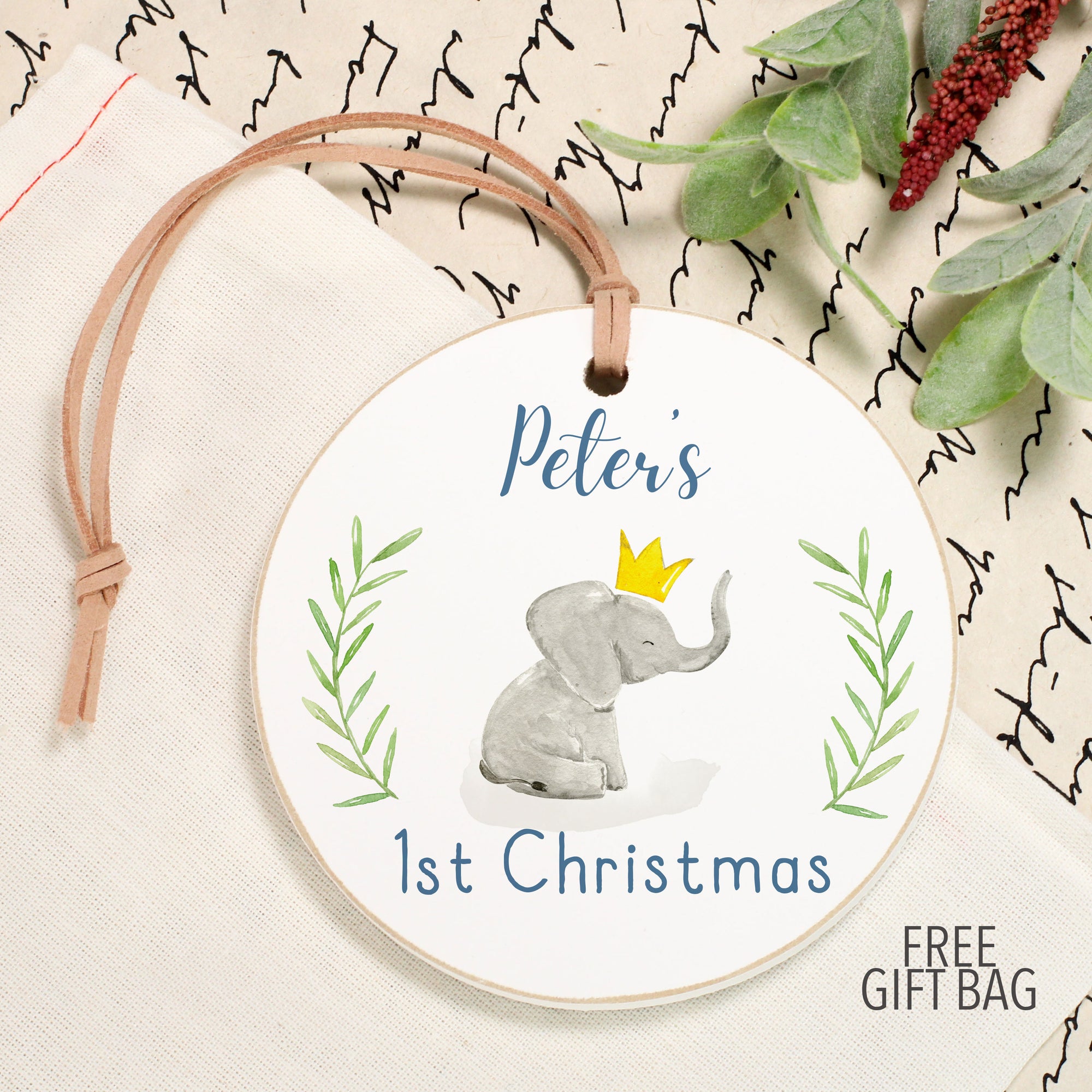 First Christmas Ornament | Baby Elephant with Crown